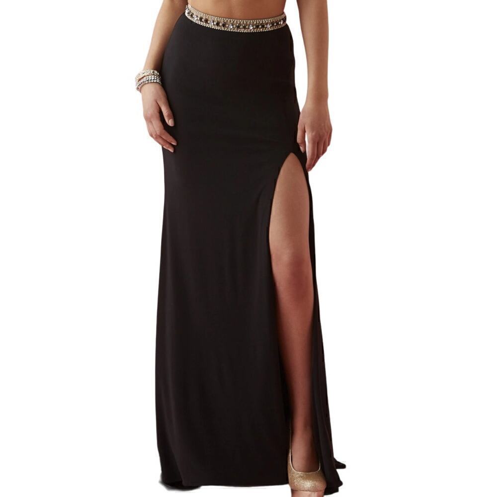 Jovani Embellished Skirt Maxi Beaded Rhinestone Waist Side Slit Black Size 4